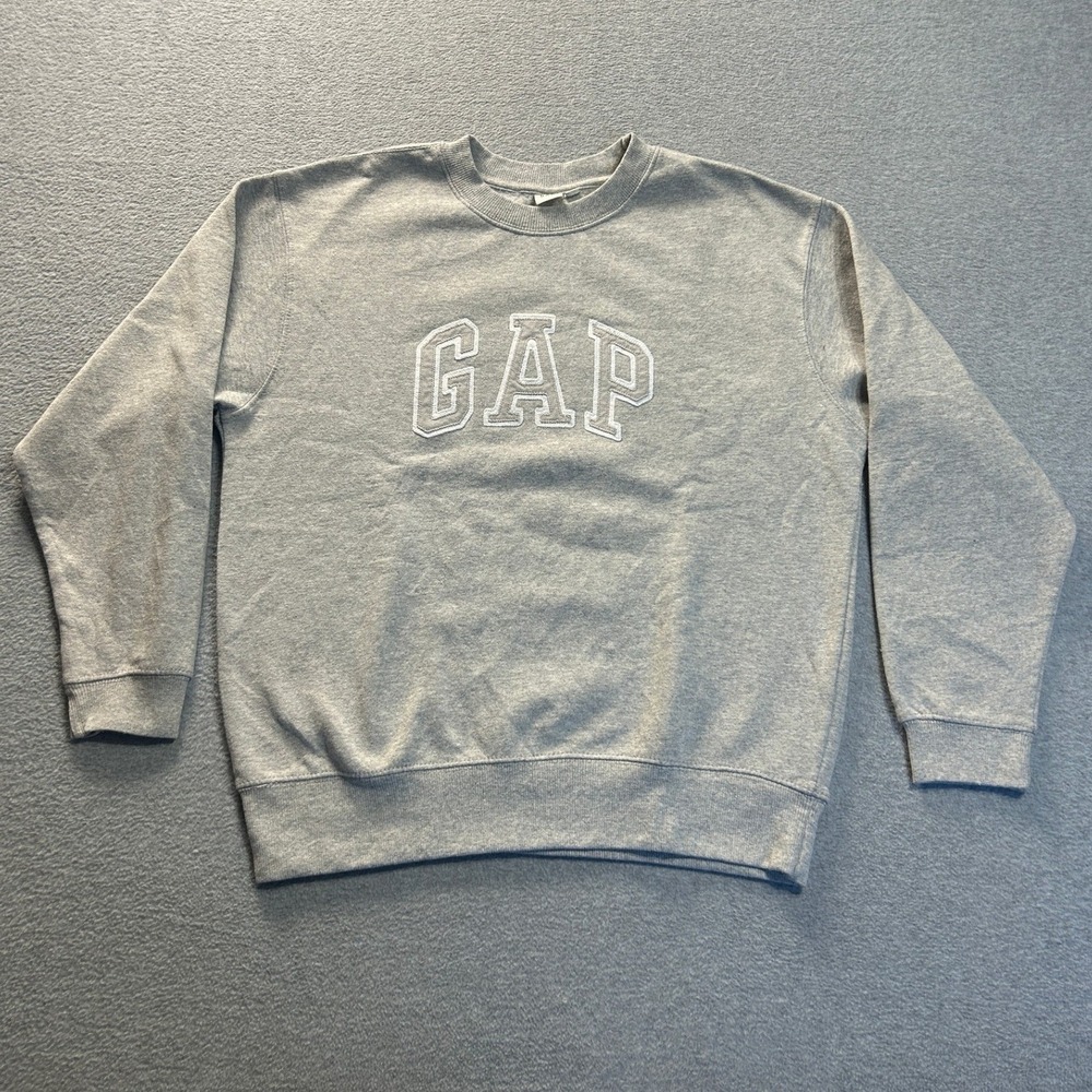 GAP Pullover Sweatshirt Mens Medium Heather Gray Spellout Logo Crewneck Fleece